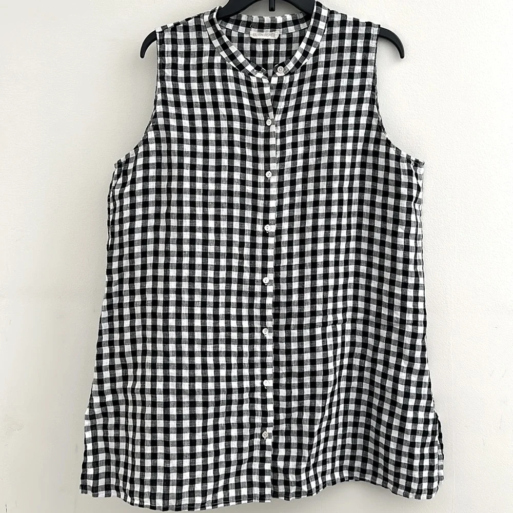 EILEEN FISHER || Sleeveless Black and White Linen Tunic Top. Sz. XL - Picture 6 of 16